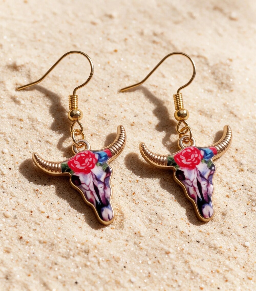 Western Floral Bull Skull Drop Earrings Gold Tone Longhorn Rose Dangles